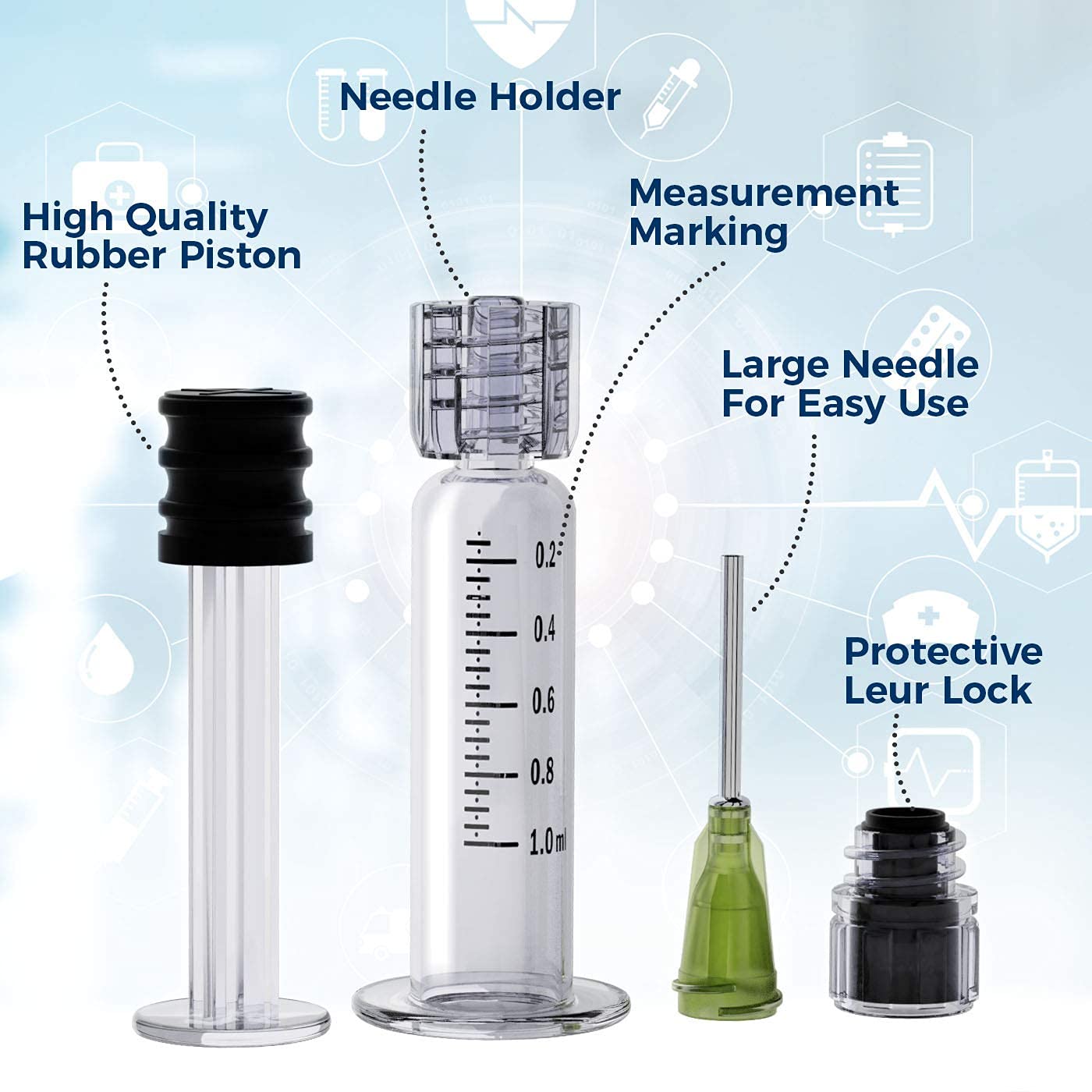 MyMed 5 Pack Borosilicate Glass Luer Lock Syringe 1ml Capacity Reusable Glass Syringes - Use for Arts and Crafts, Thick Liquids, Oils, Vet, Glue, Lab, Ink with GA Blunt Tip Pet Safe Needles - Image 4